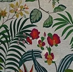 A length of tropical botanical fabric — the kind a headboard is made from
